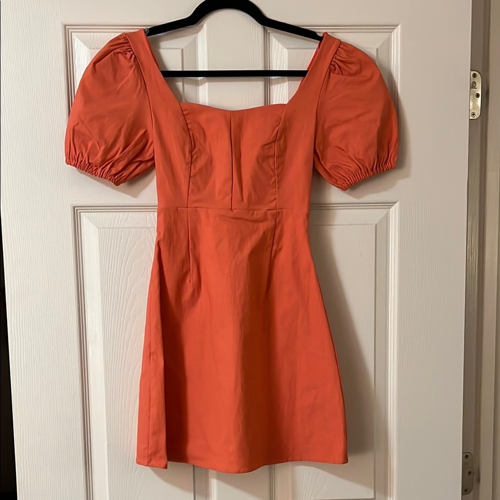 Elegant Coral Puff Sleeve Dress